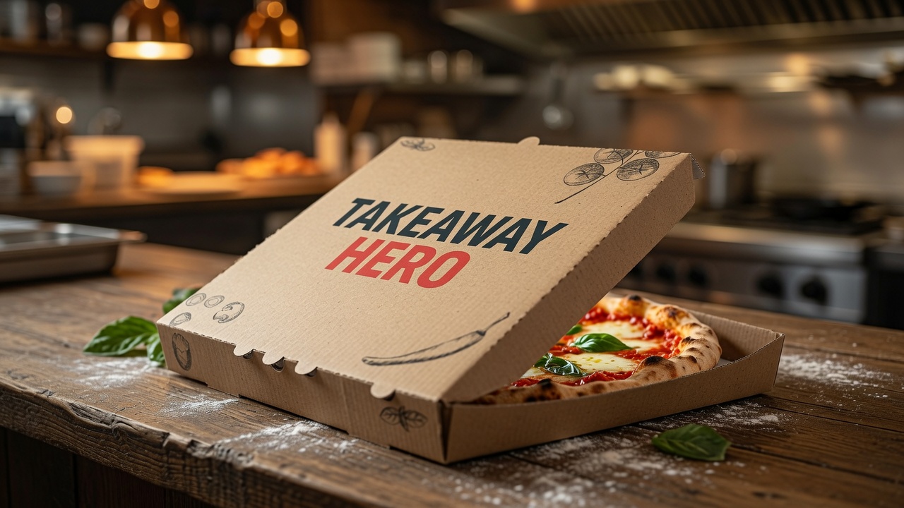Takeaway-ordre bestilt online via en restaurants TakeAwayHero-bestillingsside – pizza klar til afhentning